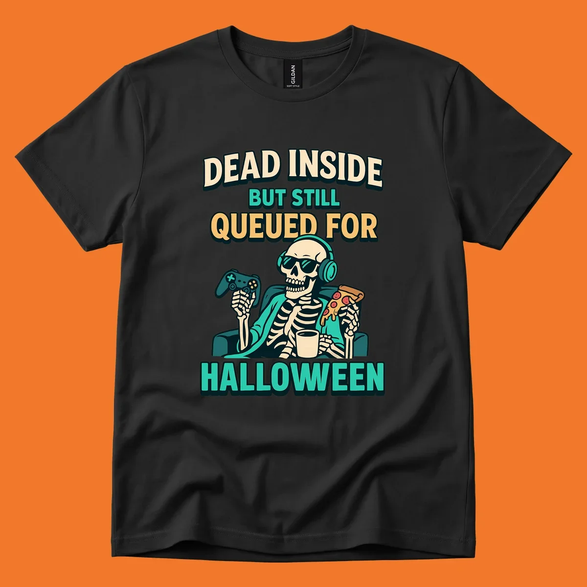 Dead inside halloween gamer skeleton with pizza and controller