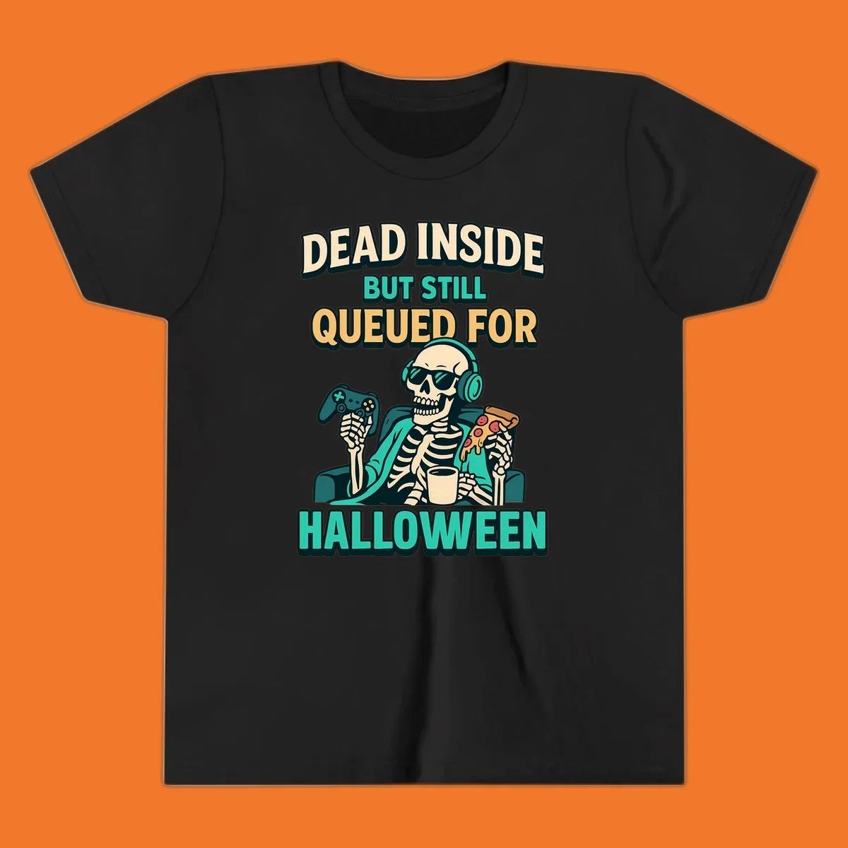 Dead inside halloween gamer skeleton with pizza and controller