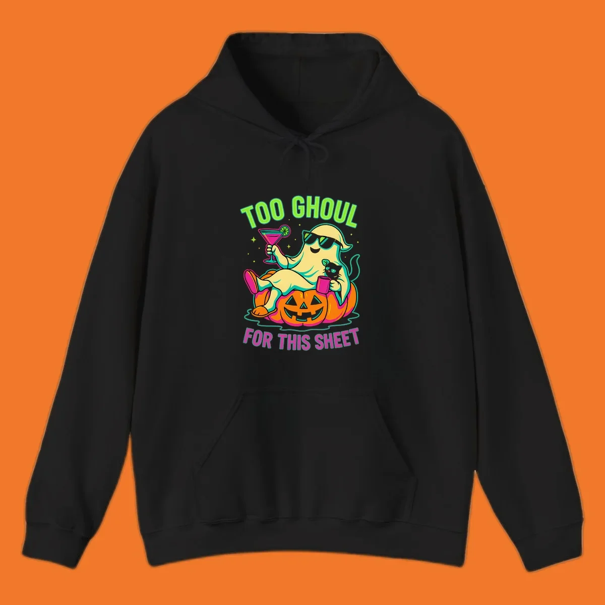 Ghost lounging on pumpkin with text 'Too Ghoul For This Sheet', Halloween design.