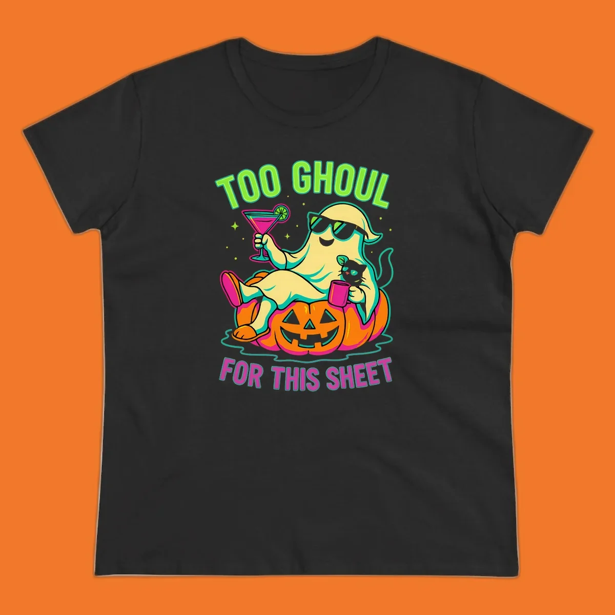Ghost lounging on pumpkin with text 'Too Ghoul For This Sheet', Halloween design.