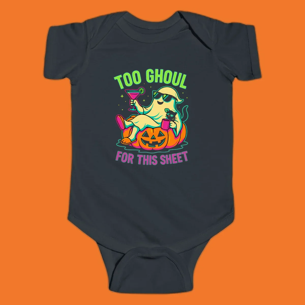 Ghost lounging on pumpkin with text 'Too Ghoul For This Sheet', Halloween design.