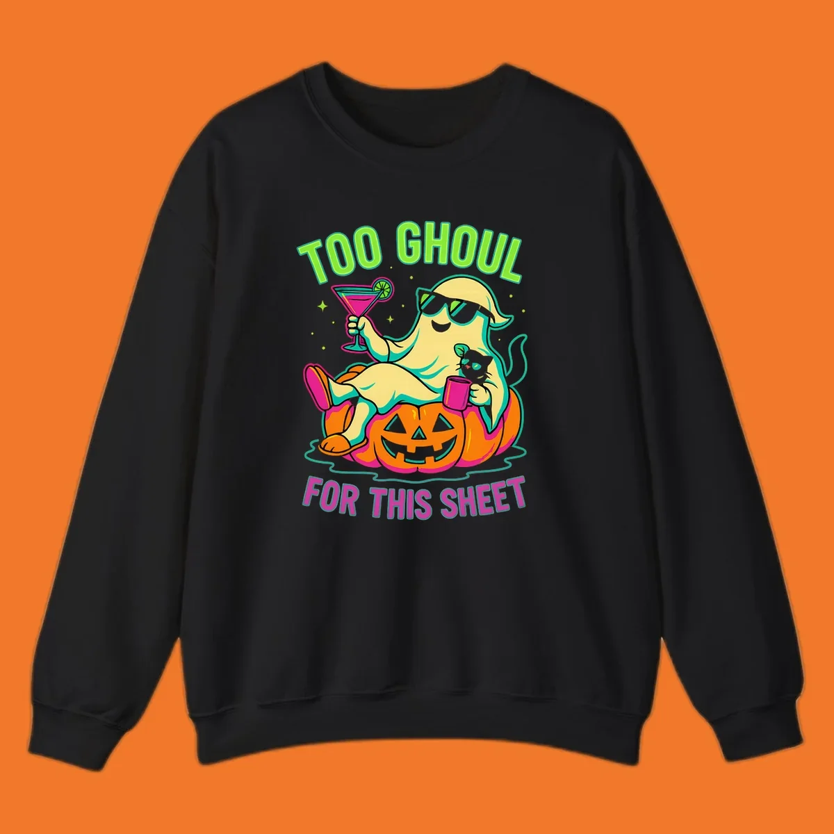 Ghost lounging on pumpkin with text 'Too Ghoul For This Sheet', Halloween design.