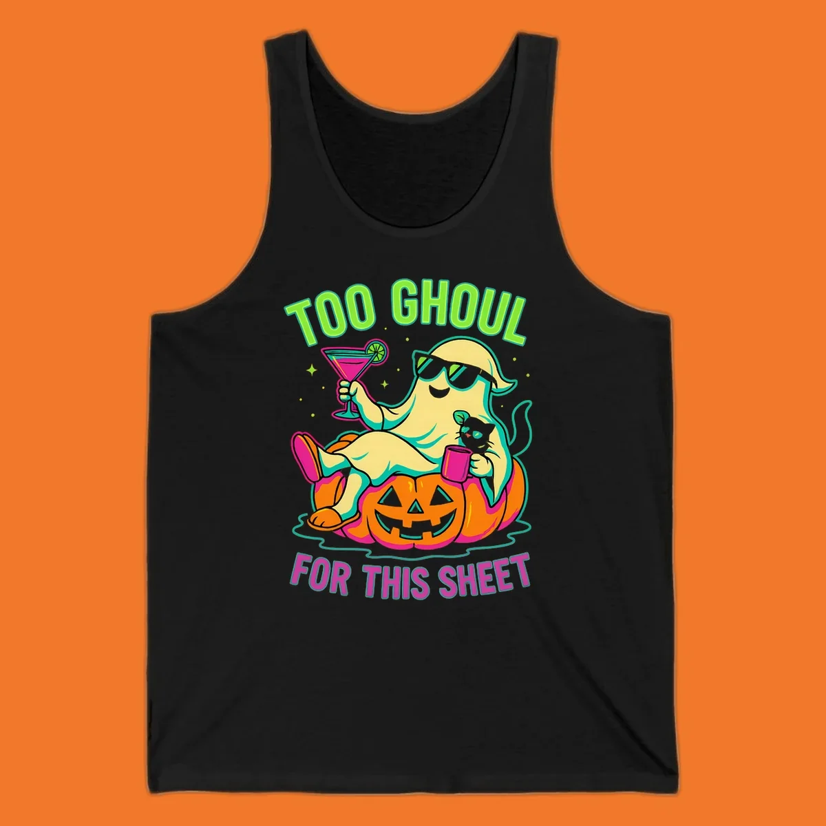 Ghost lounging on pumpkin with text 'Too Ghoul For This Sheet', Halloween design.