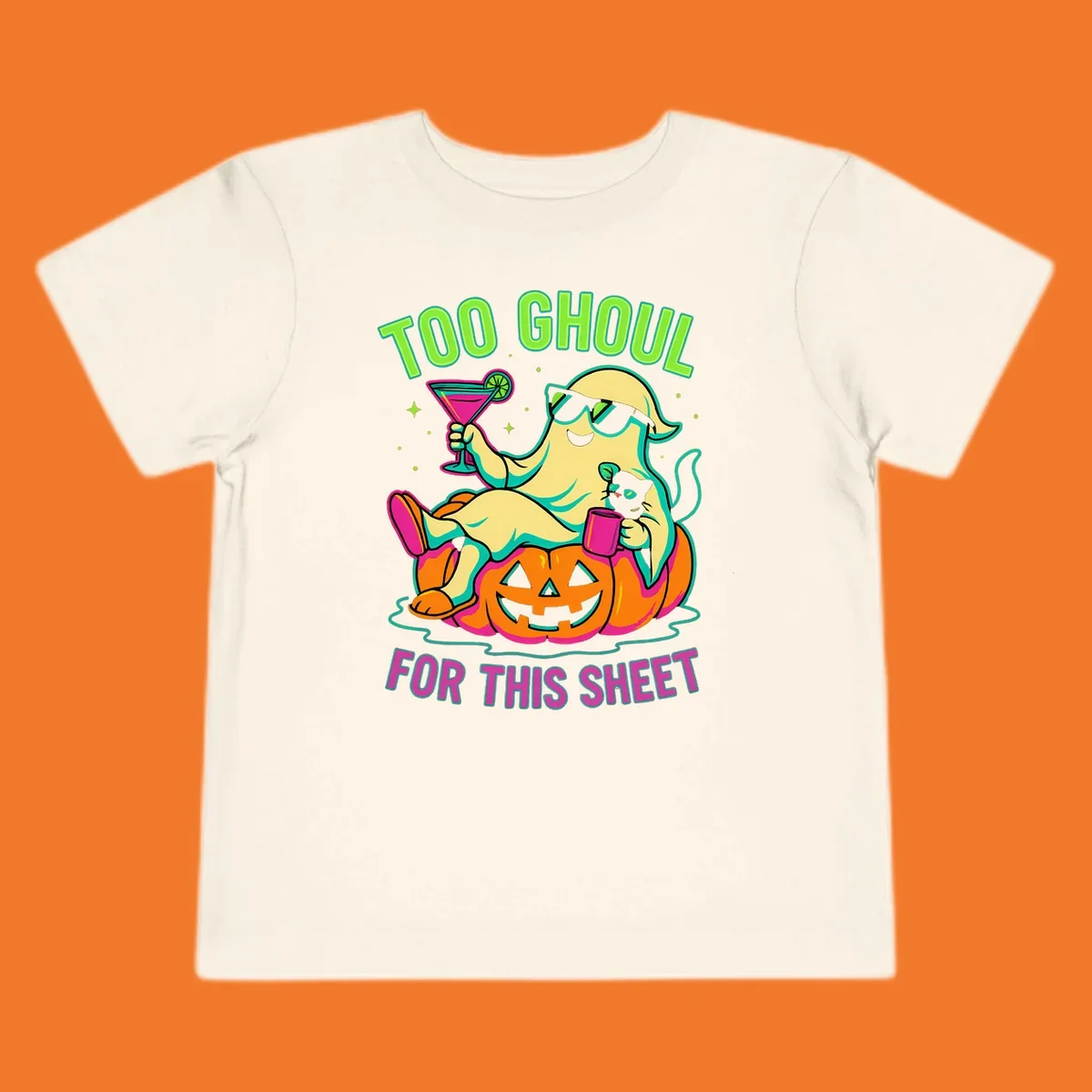 Ghost lounging on pumpkin with text 'Too Ghoul For This Sheet', Halloween design.