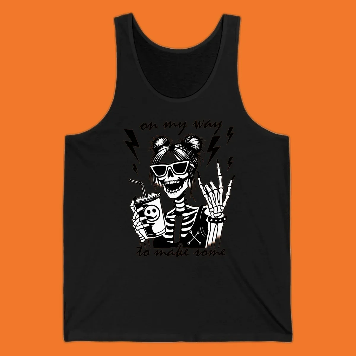 Skeleton with sunglasses and drink making rock-on gesture, text 'on my way to make some', lightning bolts. Skeleton party time.