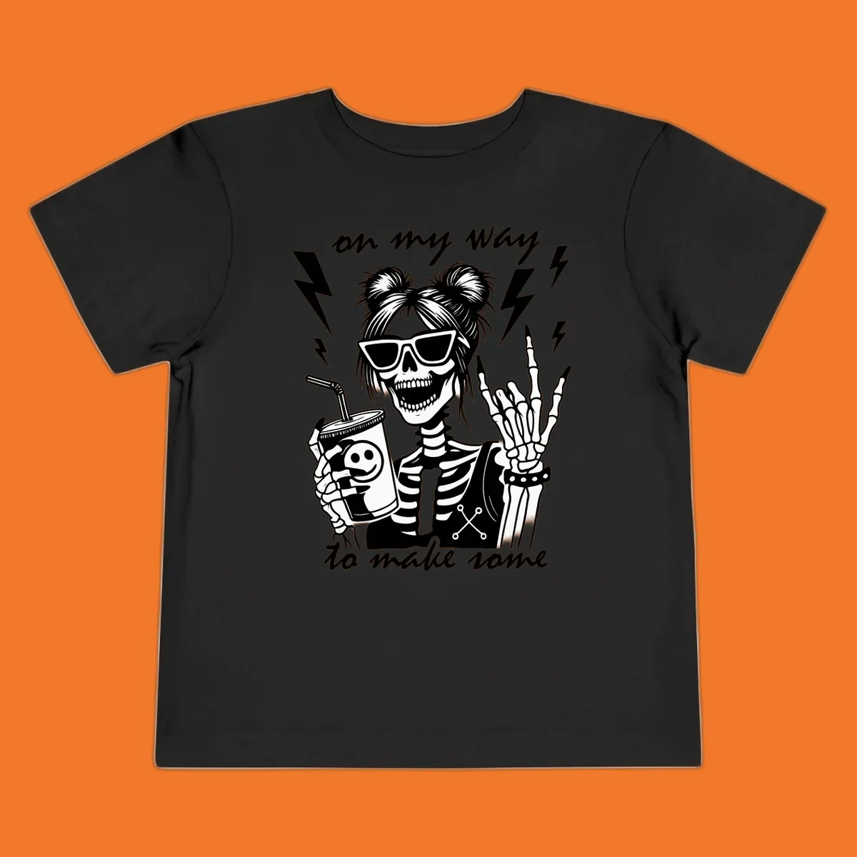 Skeleton with sunglasses and drink making rock-on gesture, text 'on my way to make some', lightning bolts. Skeleton party time.