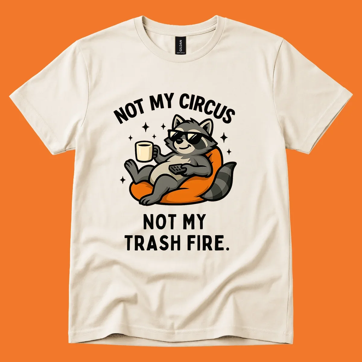 Illustration of a raccoon in sunglasses relaxing with coffee and remote, text 'Not My Circus Not My Trash Fire'.