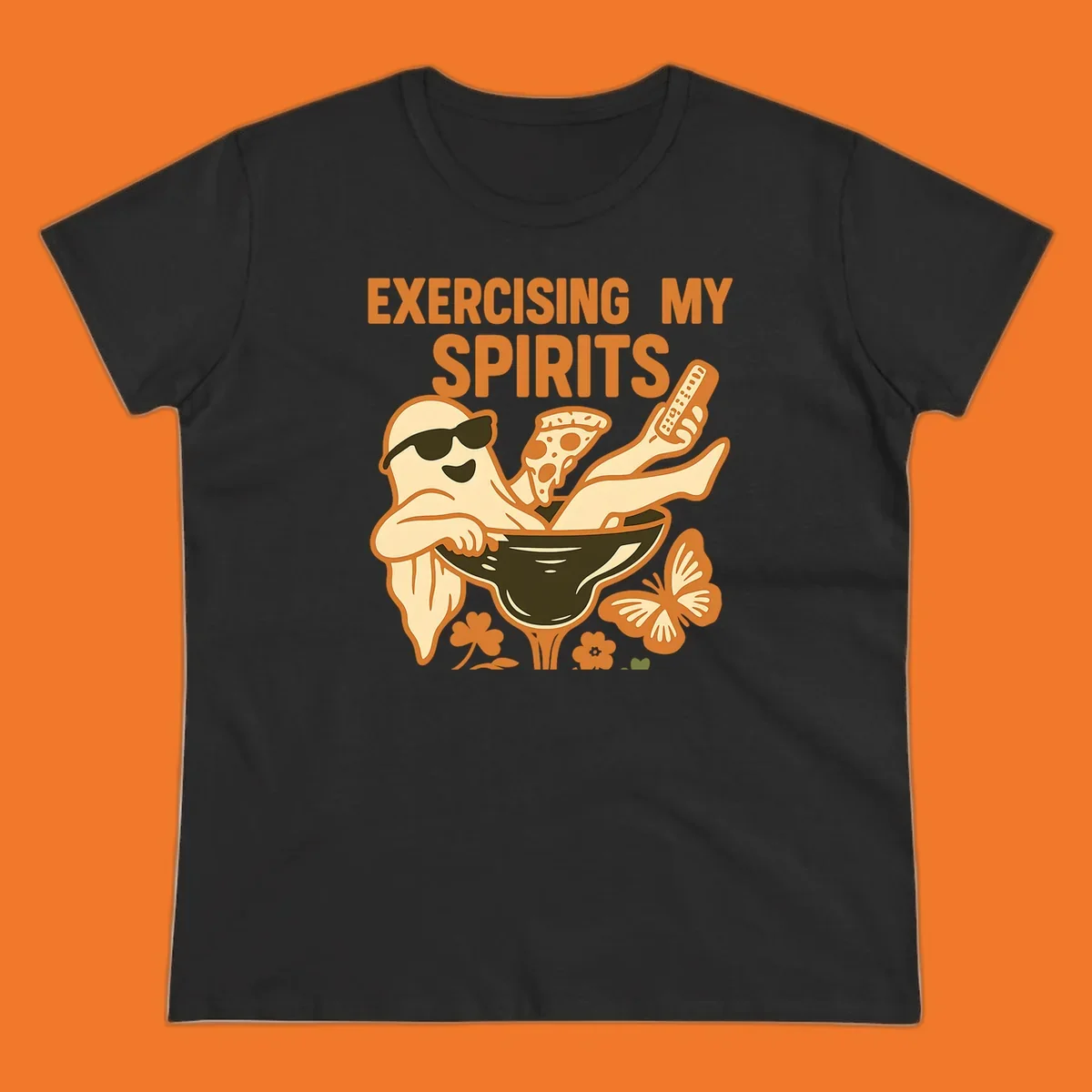 Ghost relaxing in cocktail glass with pizza and remote, text Exercising My Spirits. This design is great for Halloween.