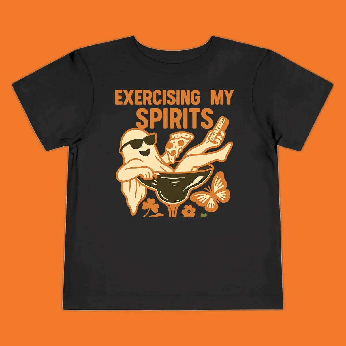 Ghost relaxing in cocktail glass with pizza and remote, text Exercising My Spirits. This design is great for Halloween.