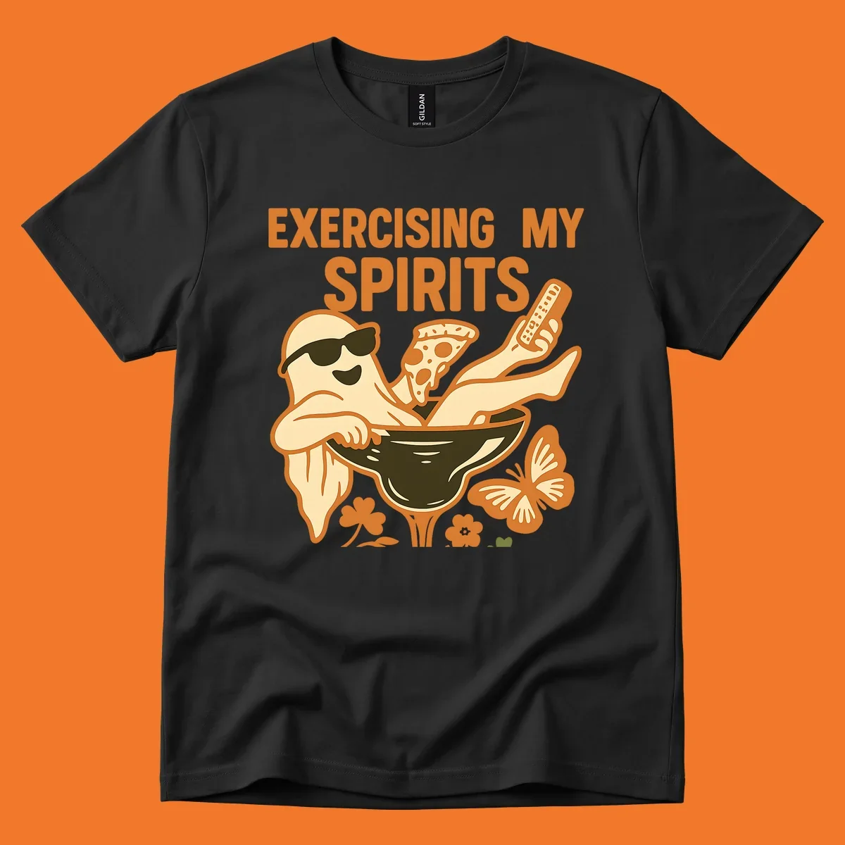 Ghost relaxing in cocktail glass with pizza and remote, text Exercising My Spirits. This design is great for Halloween.