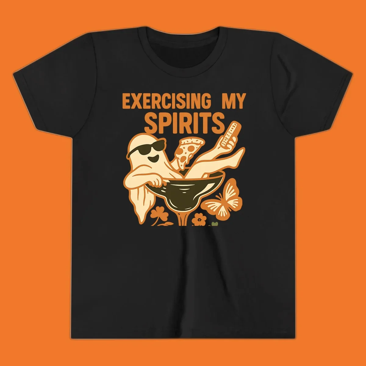 Ghost relaxing in cocktail glass with pizza and remote, text Exercising My Spirits. This design is great for Halloween.