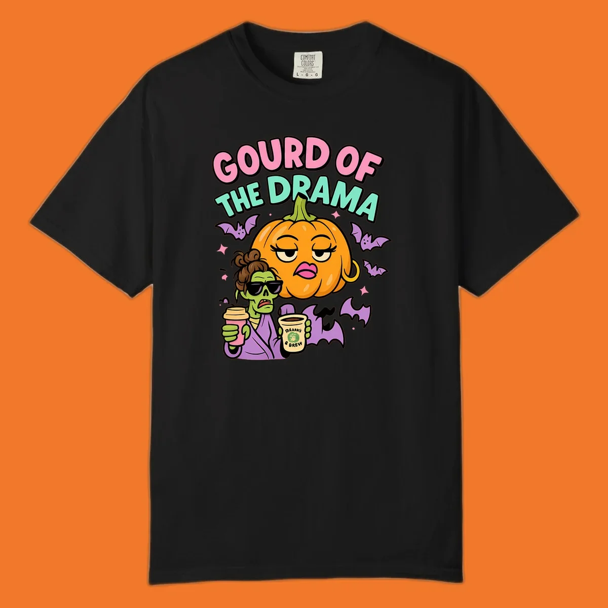 Gourd of the Drama Halloween design featuring a dramatic pumpkin and a zombie with coffee.