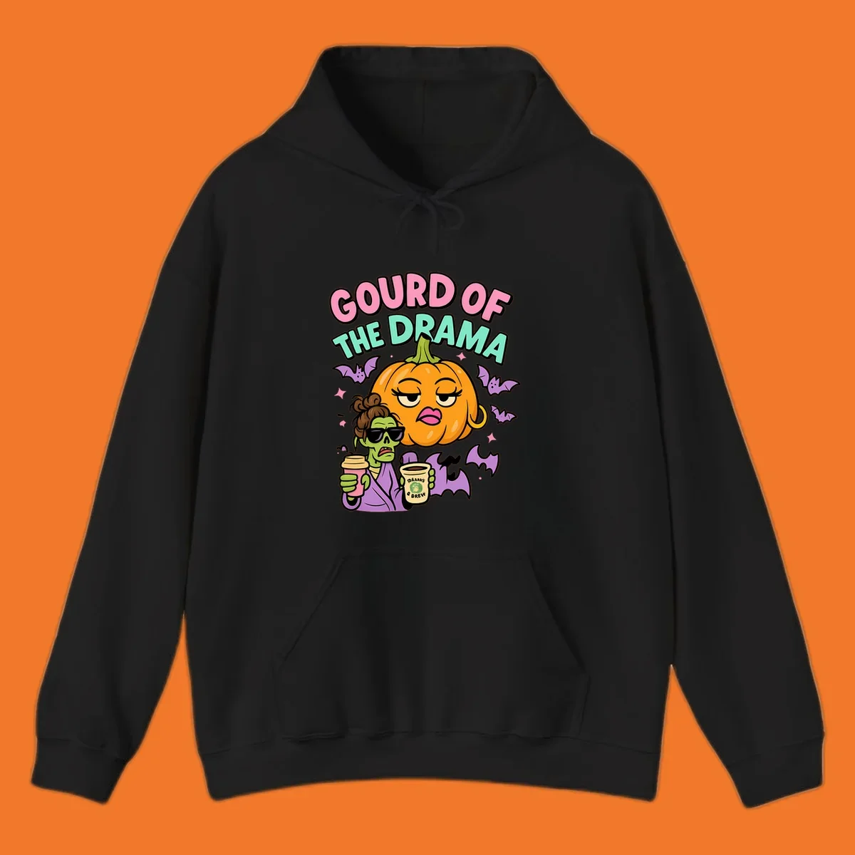 Gourd of the Drama Halloween design featuring a dramatic pumpkin and a zombie with coffee.