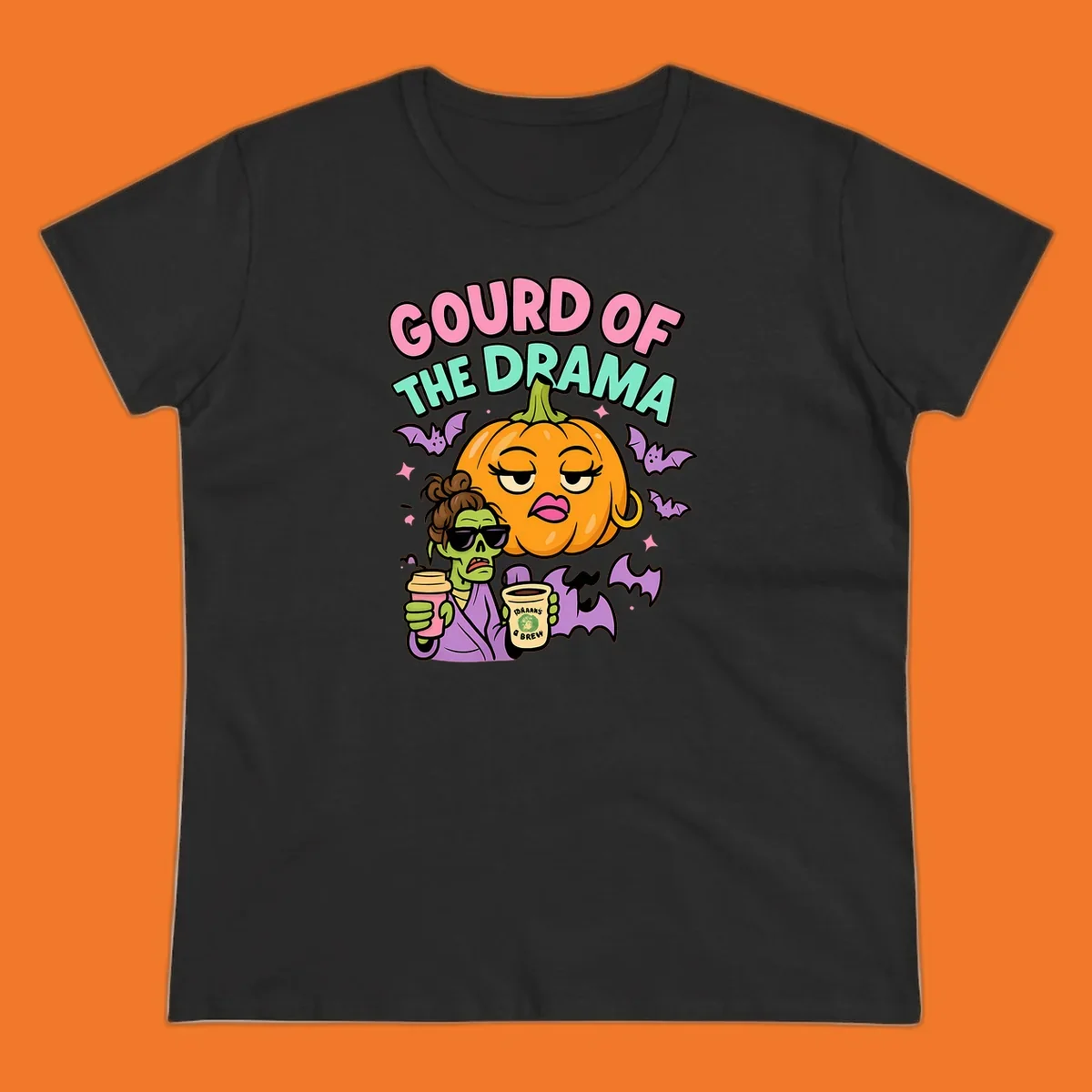 Gourd of the Drama Halloween design featuring a dramatic pumpkin and a zombie with coffee.