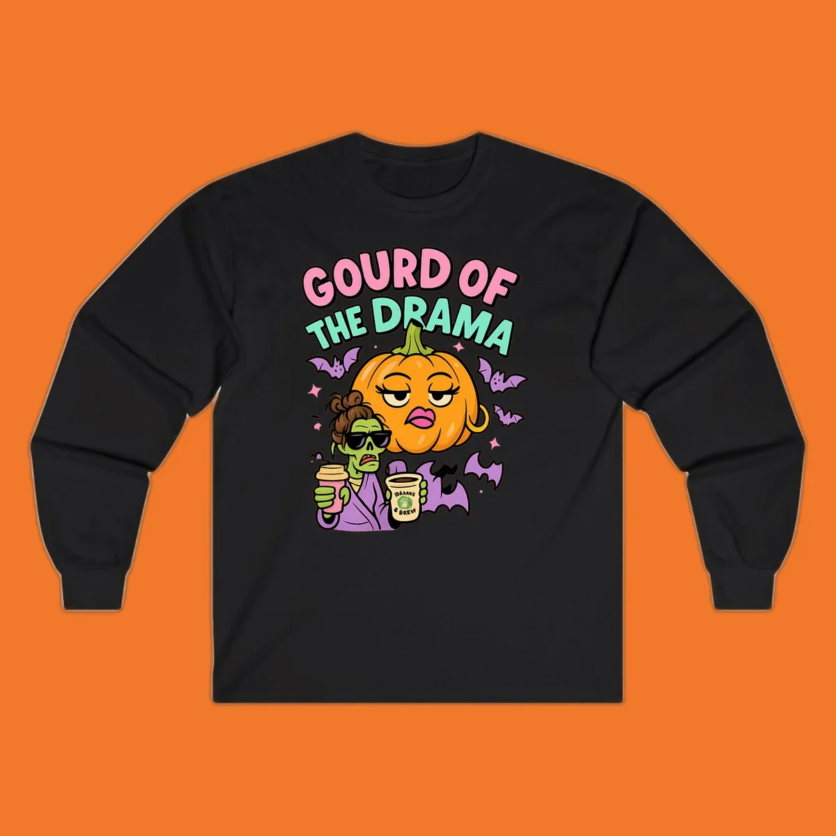 Gourd of the Drama Halloween design featuring a dramatic pumpkin and a zombie with coffee.