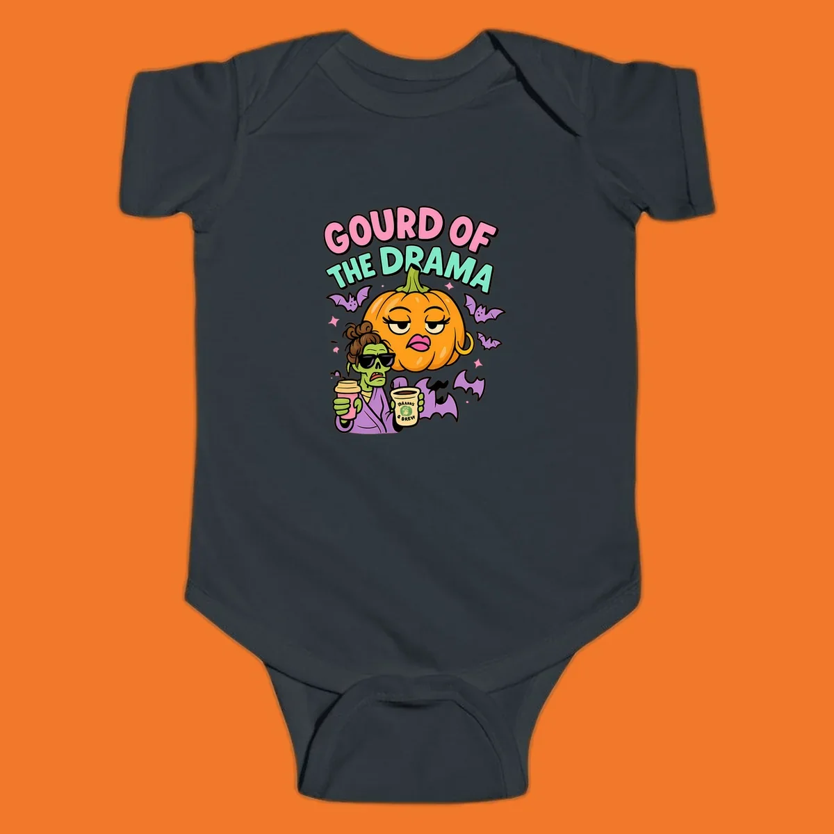 Gourd of the Drama Halloween design featuring a dramatic pumpkin and a zombie with coffee.