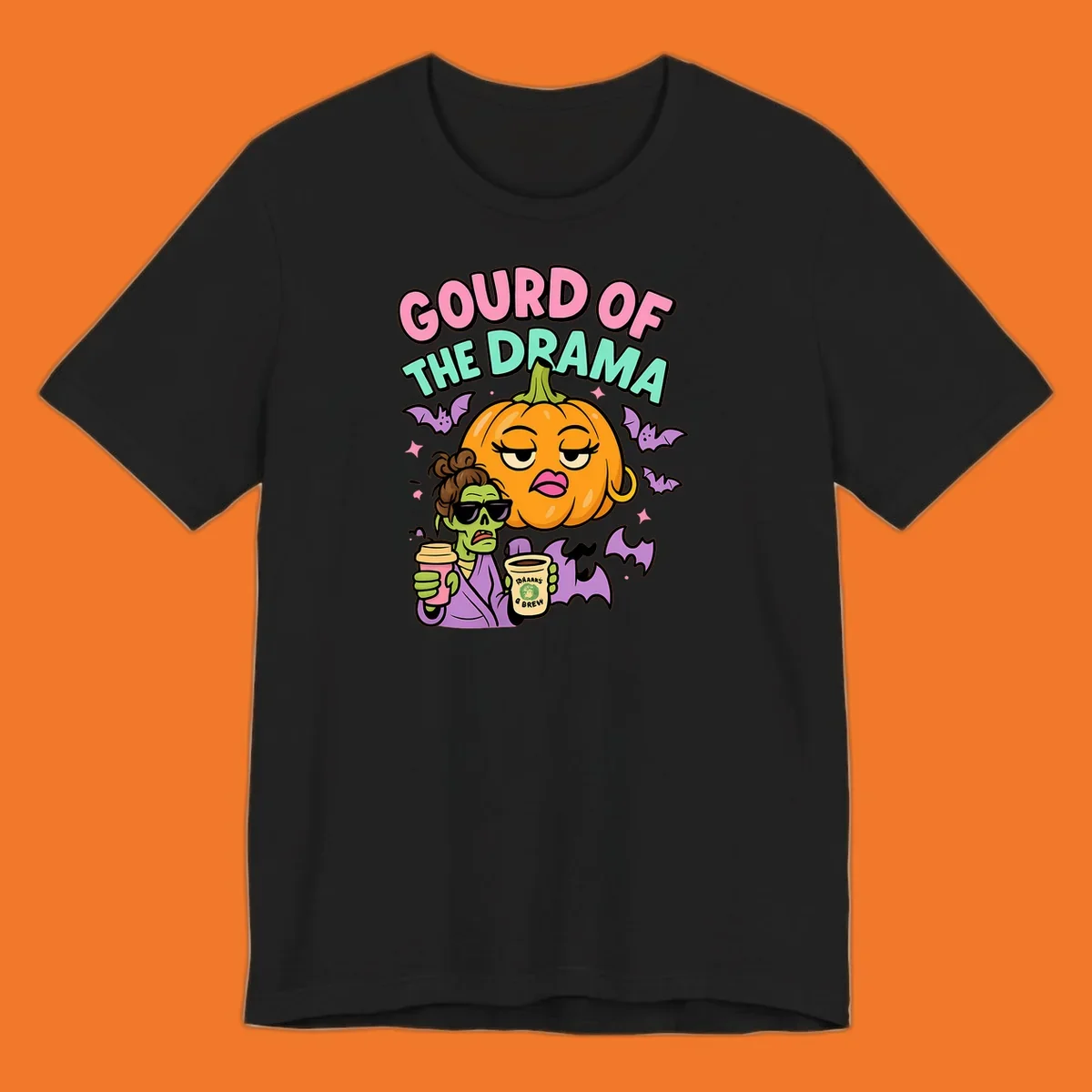 Gourd of the Drama Halloween design featuring a dramatic pumpkin and a zombie with coffee.