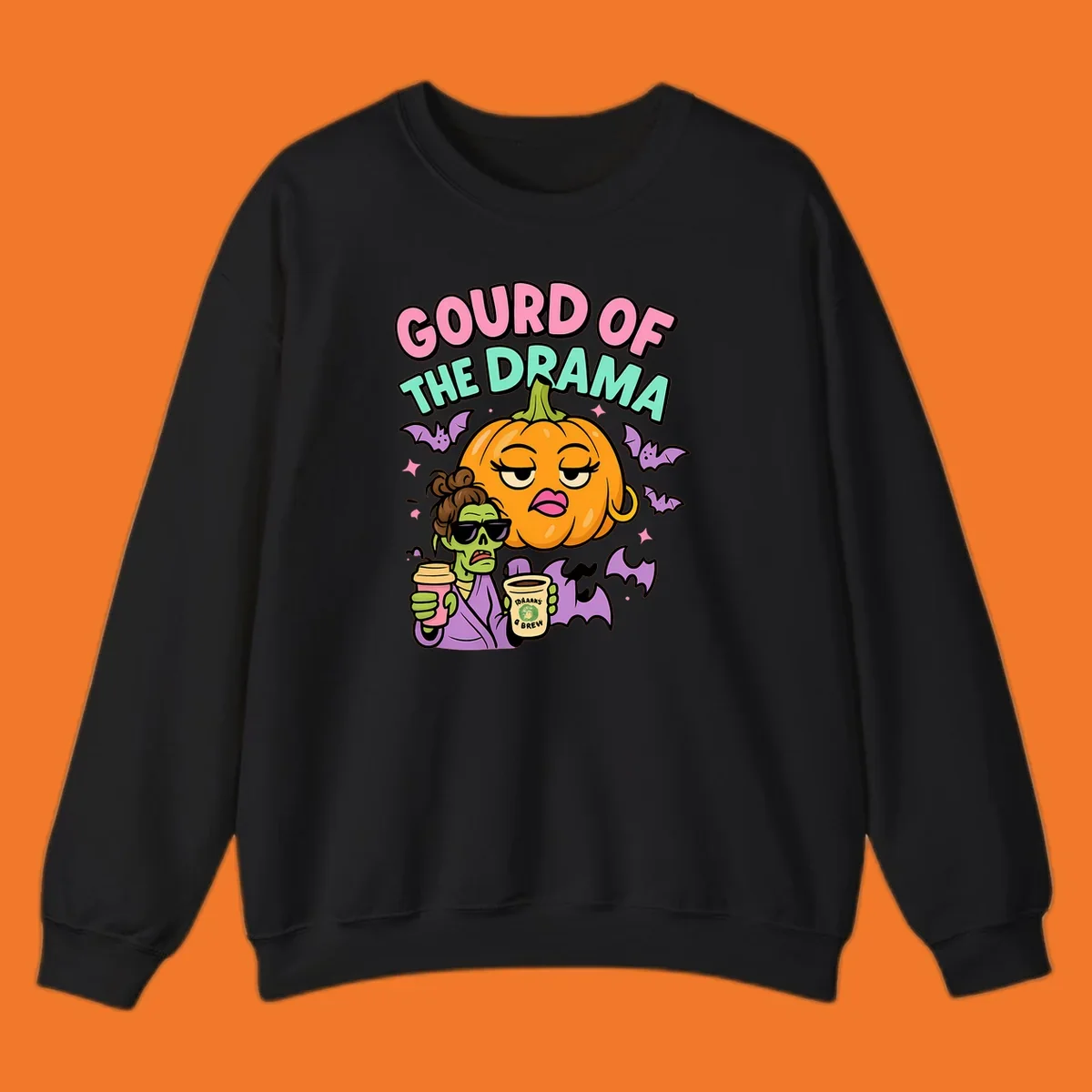 Gourd of the Drama Halloween design featuring a dramatic pumpkin and a zombie with coffee.