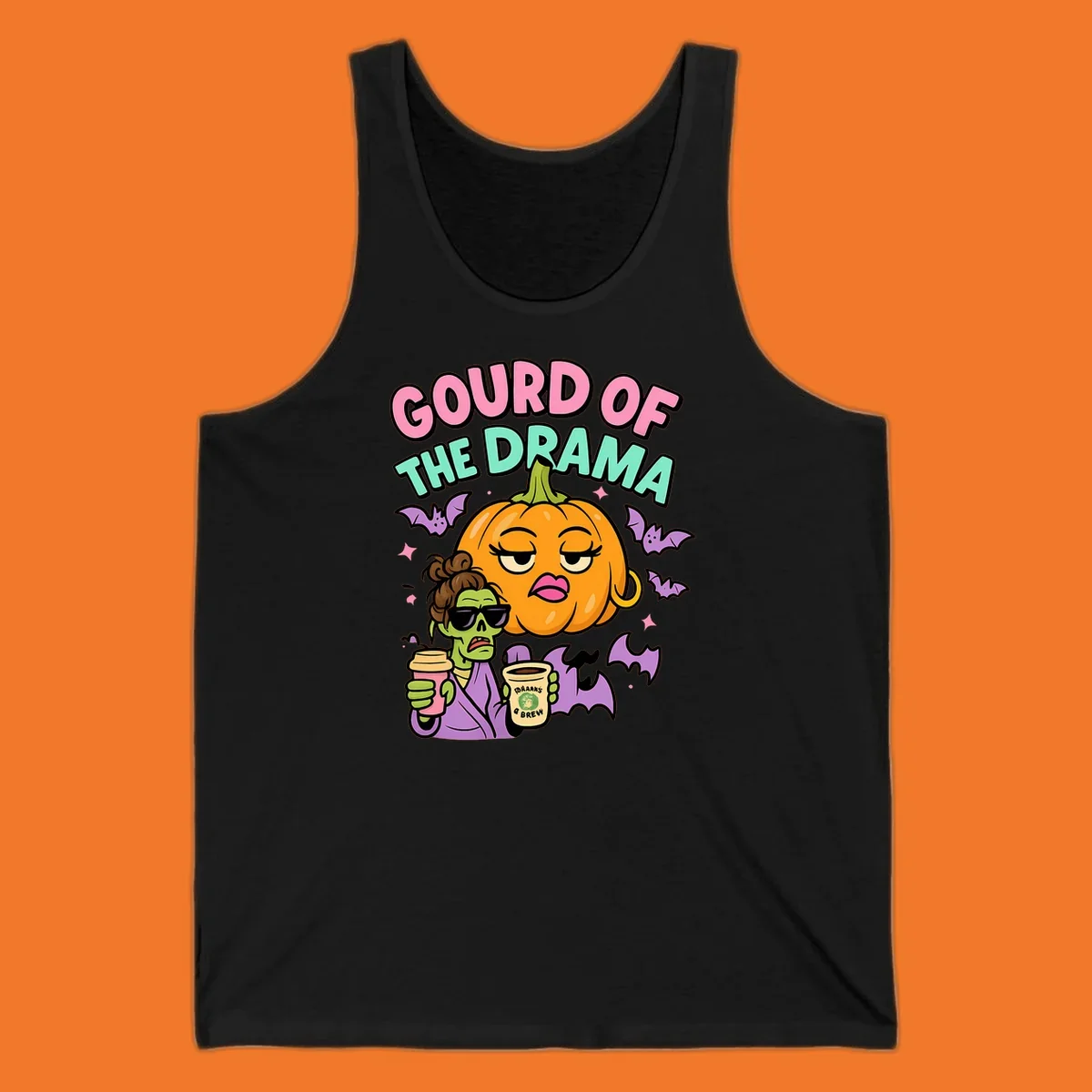 Gourd of the Drama Halloween design featuring a dramatic pumpkin and a zombie with coffee.