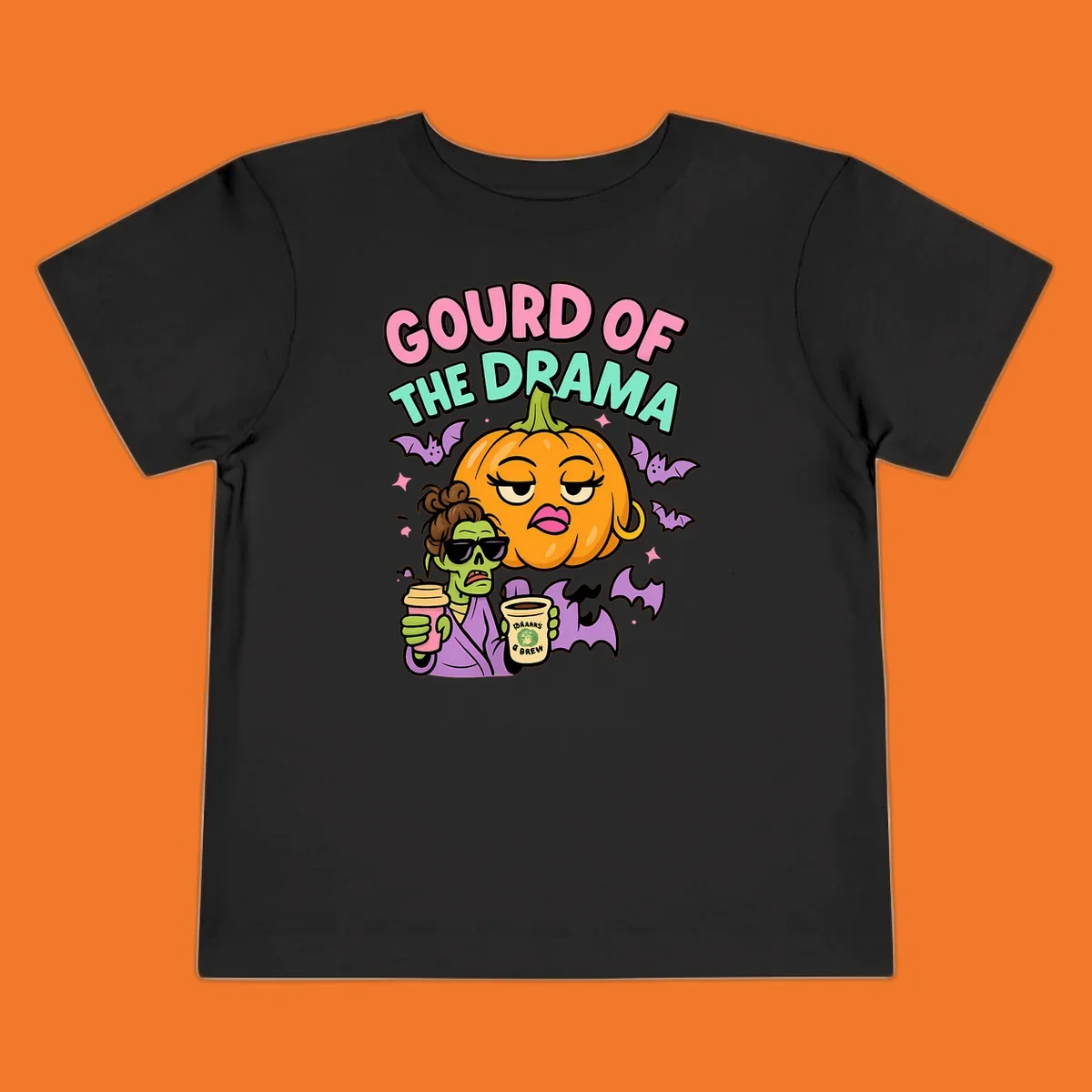Gourd of the Drama Halloween design featuring a dramatic pumpkin and a zombie with coffee.