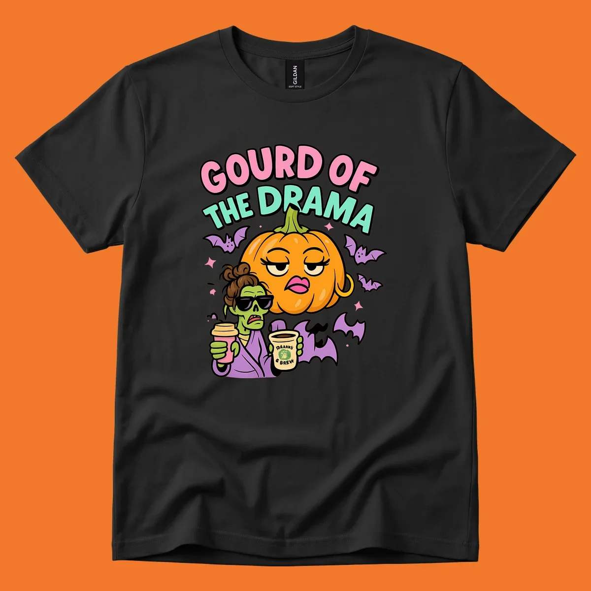 Gourd of the Drama Halloween design featuring a dramatic pumpkin and a zombie with coffee.