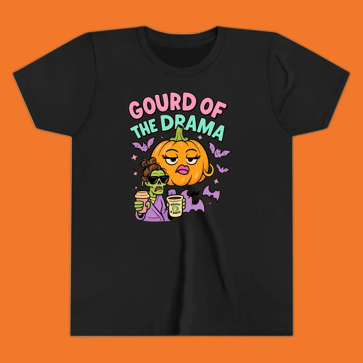 Gourd of the Drama Halloween design featuring a dramatic pumpkin and a zombie with coffee.