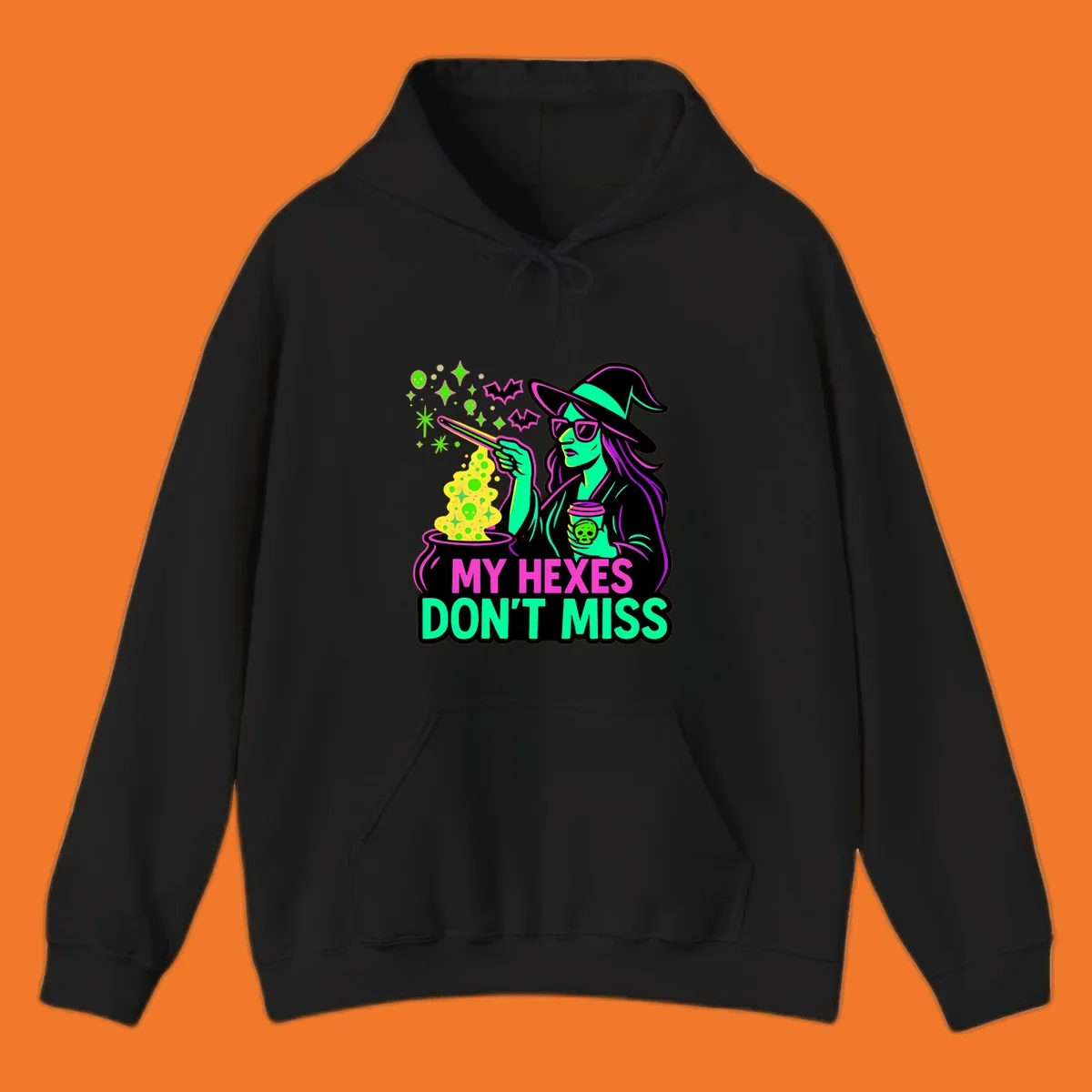Witch with coffee and cauldron, text 'My Hexes Don't Miss'