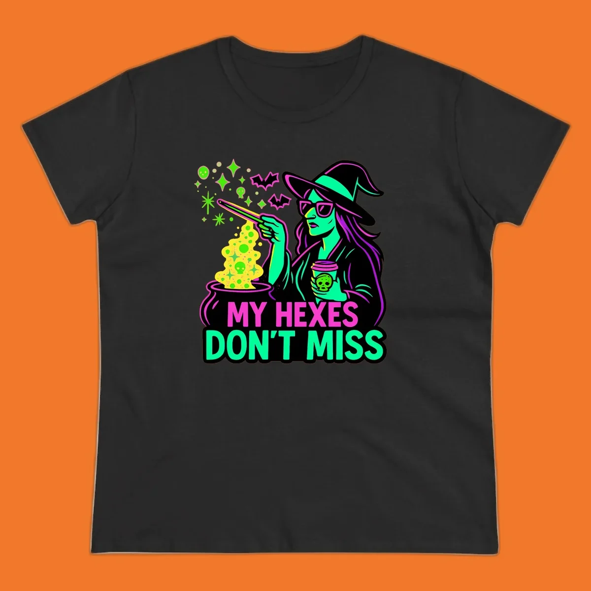 Witch with coffee and cauldron, text 'My Hexes Don't Miss'