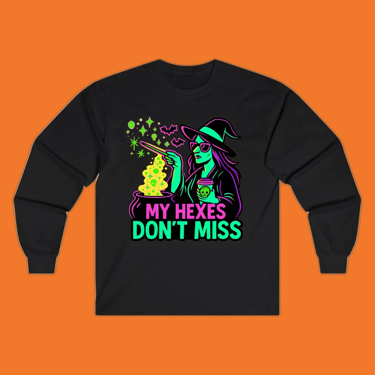 Witch with coffee and cauldron, text 'My Hexes Don't Miss'