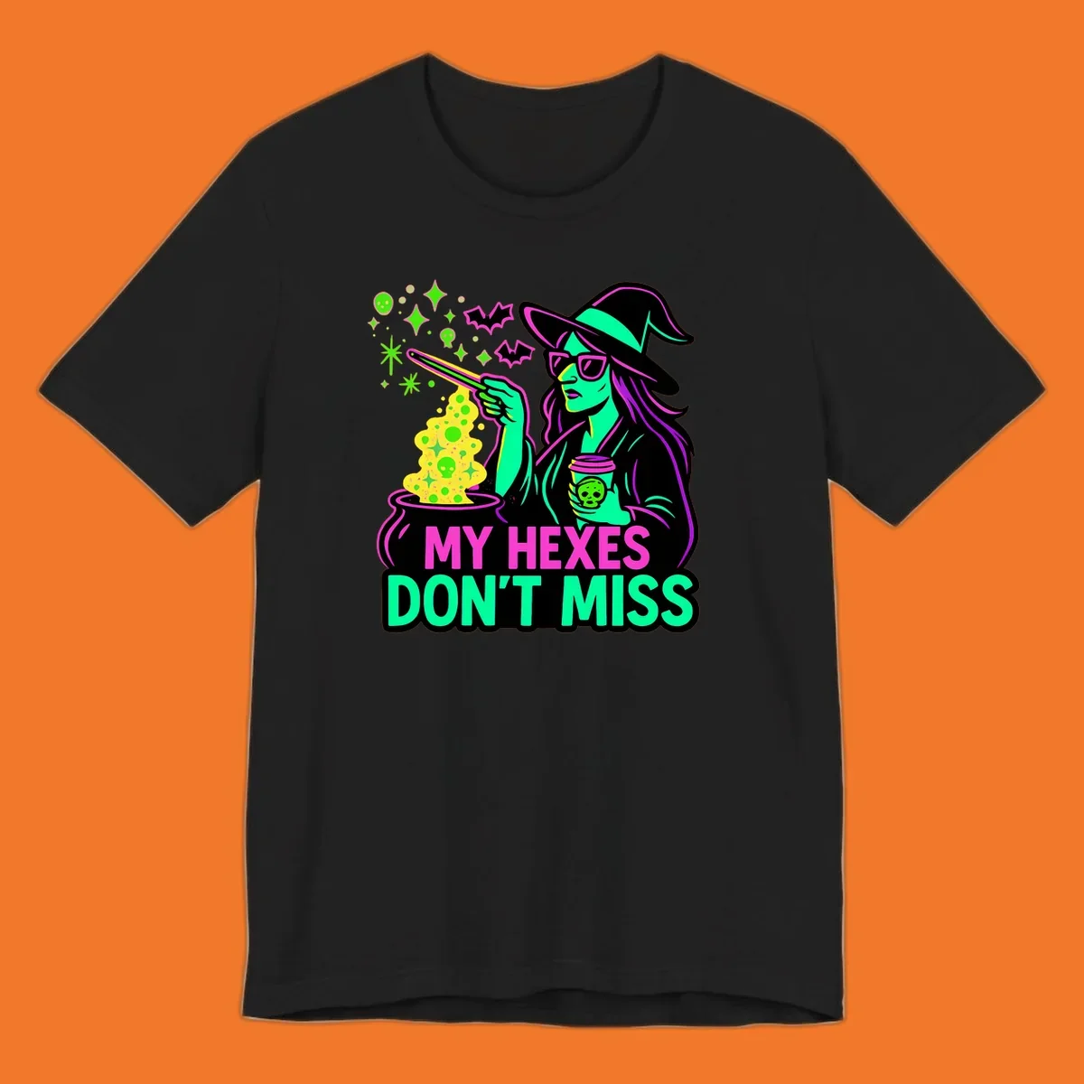 Witch with coffee and cauldron, text 'My Hexes Don't Miss'
