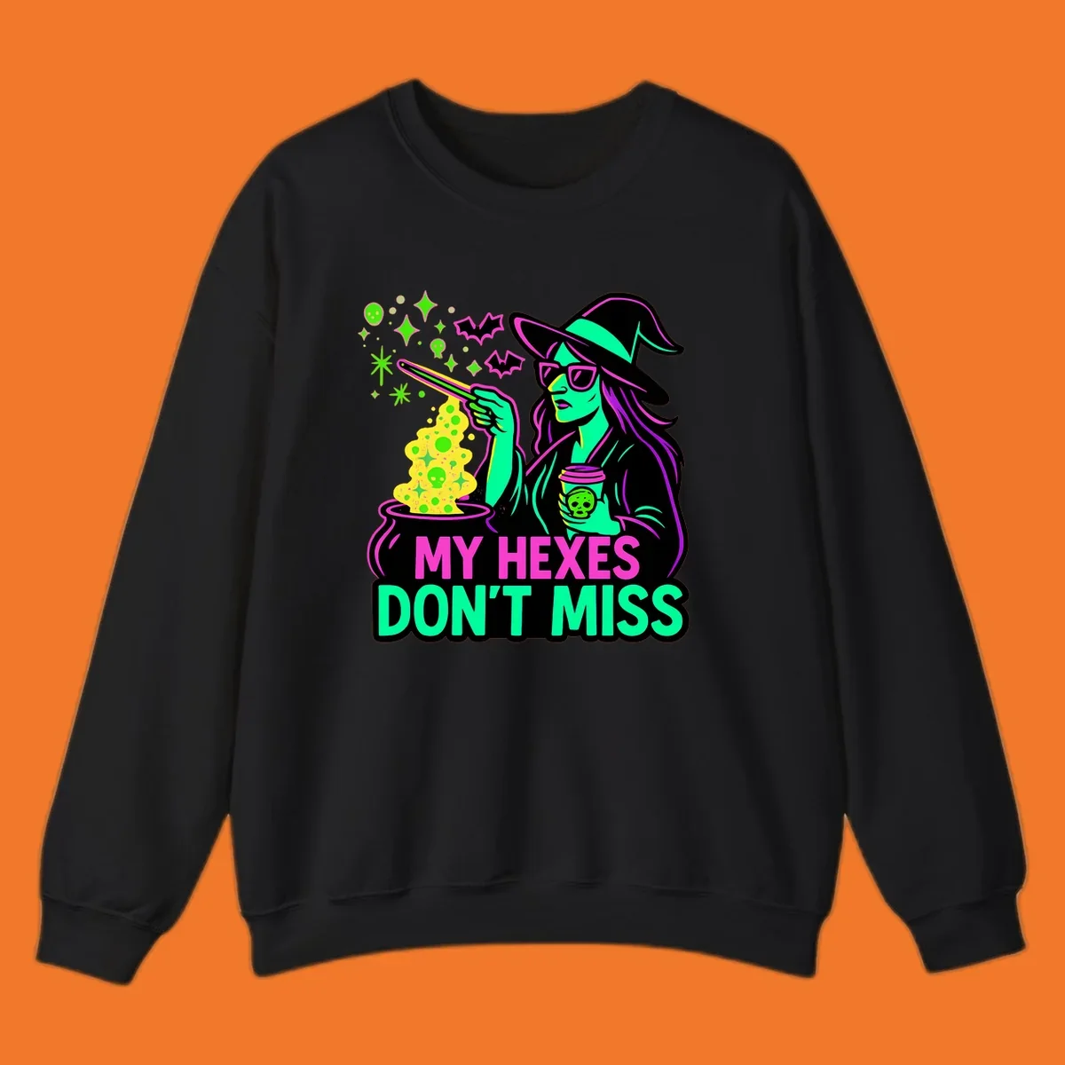 Witch with coffee and cauldron, text 'My Hexes Don't Miss'