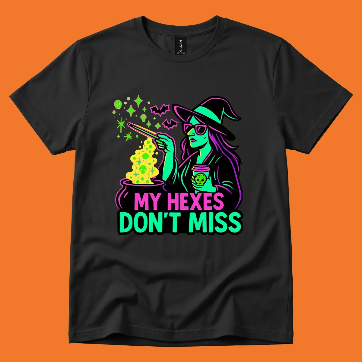 Witch with coffee and cauldron, text 'My Hexes Don't Miss'