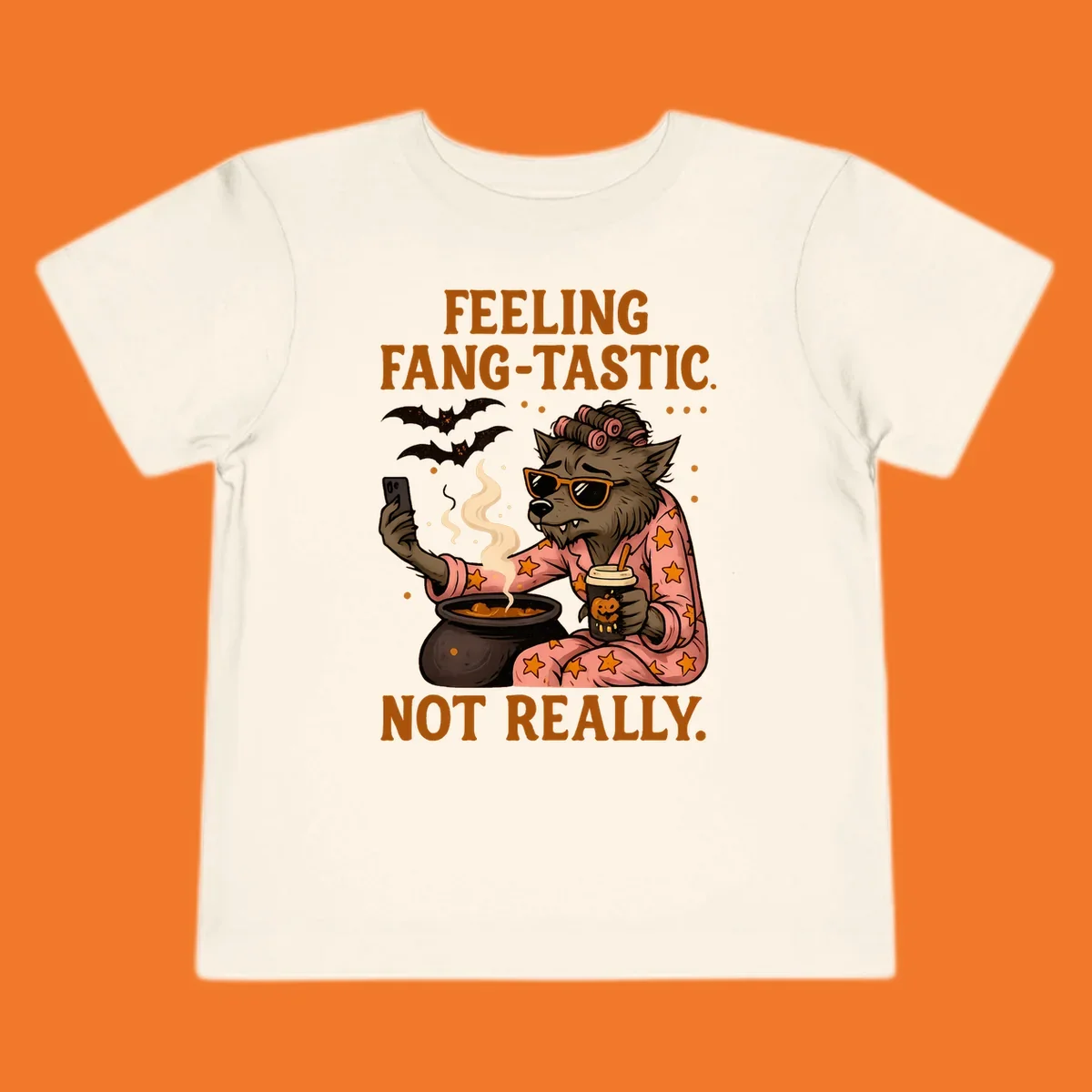 Werewolf in pajamas taking a selfie, text says "FEELING FANG-TASTIC. NOT REALLY." Fang-tastic werewolf halloween.
