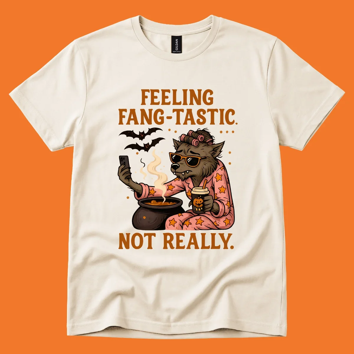Werewolf in pajamas taking a selfie, text says "FEELING FANG-TASTIC. NOT REALLY." Fang-tastic werewolf halloween.