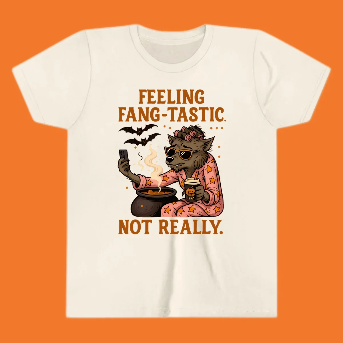 Werewolf in pajamas taking a selfie, text says "FEELING FANG-TASTIC. NOT REALLY." Fang-tastic werewolf halloween.