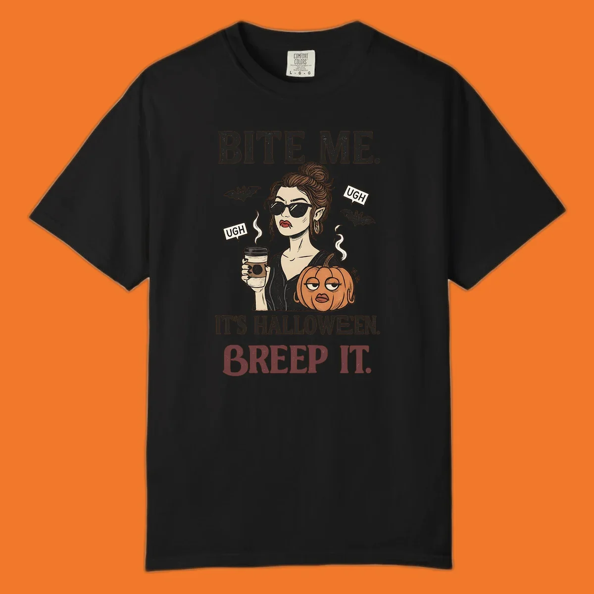 Illustration of a sarcastic woman with coffee and a pumpkin, with 'BITE ME' and 'BREEP IT' text for Halloween.