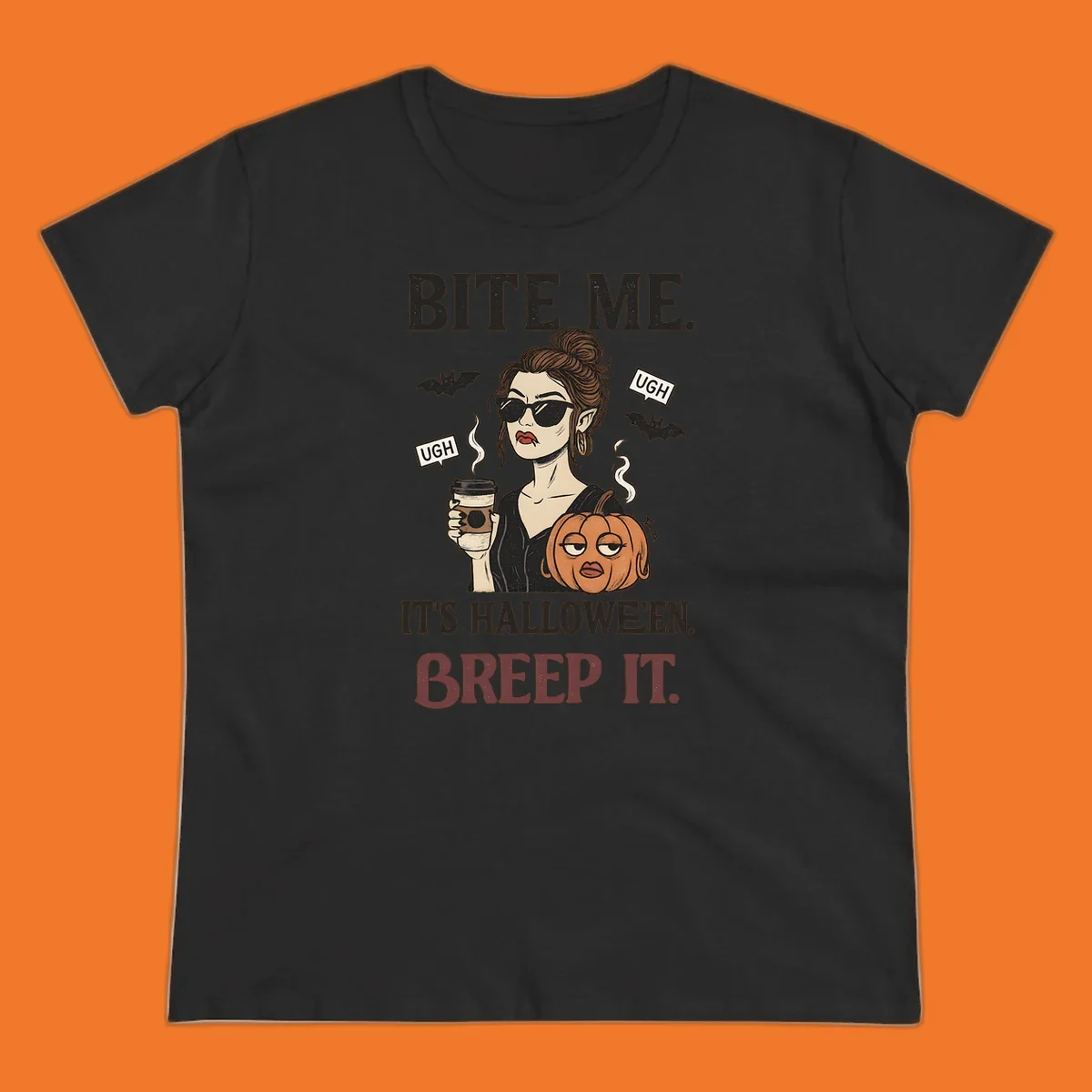 Illustration of a sarcastic woman with coffee and a pumpkin, with 'BITE ME' and 'BREEP IT' text for Halloween.