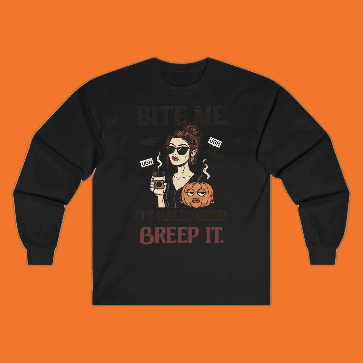 Illustration of a sarcastic woman with coffee and a pumpkin, with 'BITE ME' and 'BREEP IT' text for Halloween.