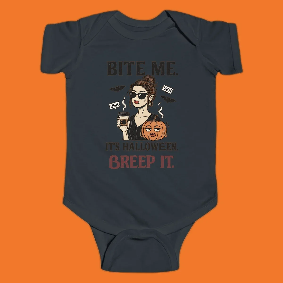 Illustration of a sarcastic woman with coffee and a pumpkin, with 'BITE ME' and 'BREEP IT' text for Halloween.