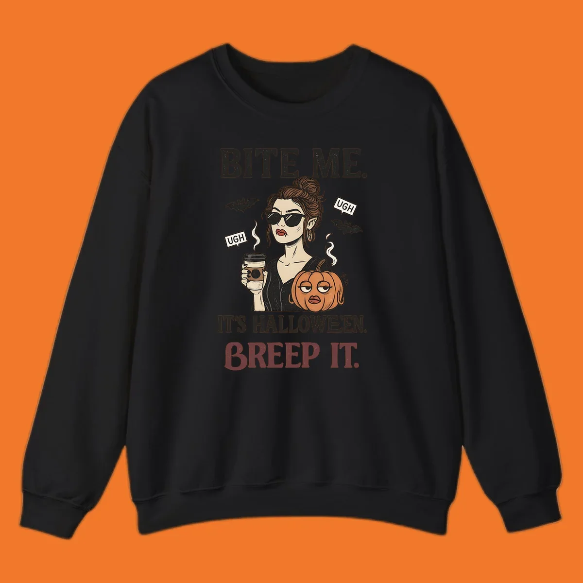 Illustration of a sarcastic woman with coffee and a pumpkin, with 'BITE ME' and 'BREEP IT' text for Halloween.