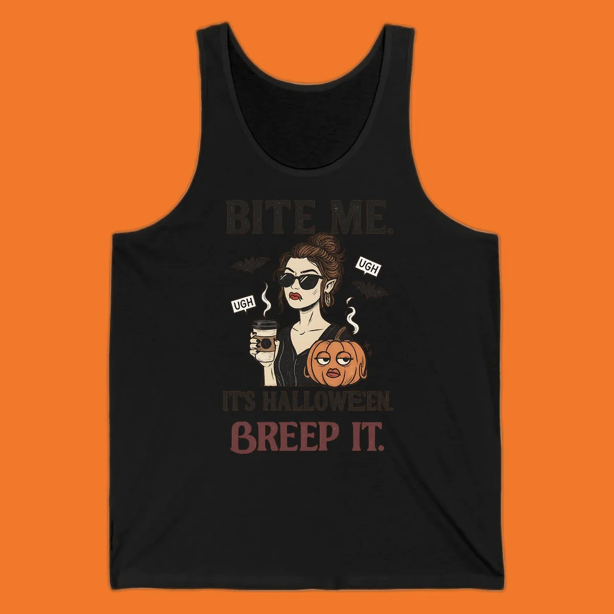 Illustration of a sarcastic woman with coffee and a pumpkin, with 'BITE ME' and 'BREEP IT' text for Halloween.