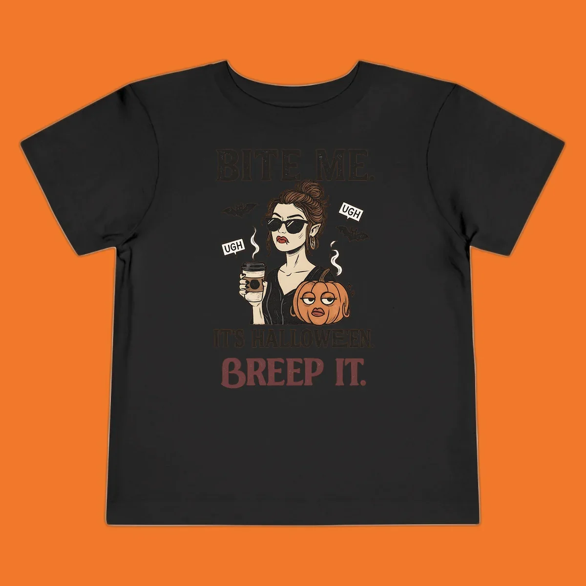 Illustration of a sarcastic woman with coffee and a pumpkin, with 'BITE ME' and 'BREEP IT' text for Halloween.
