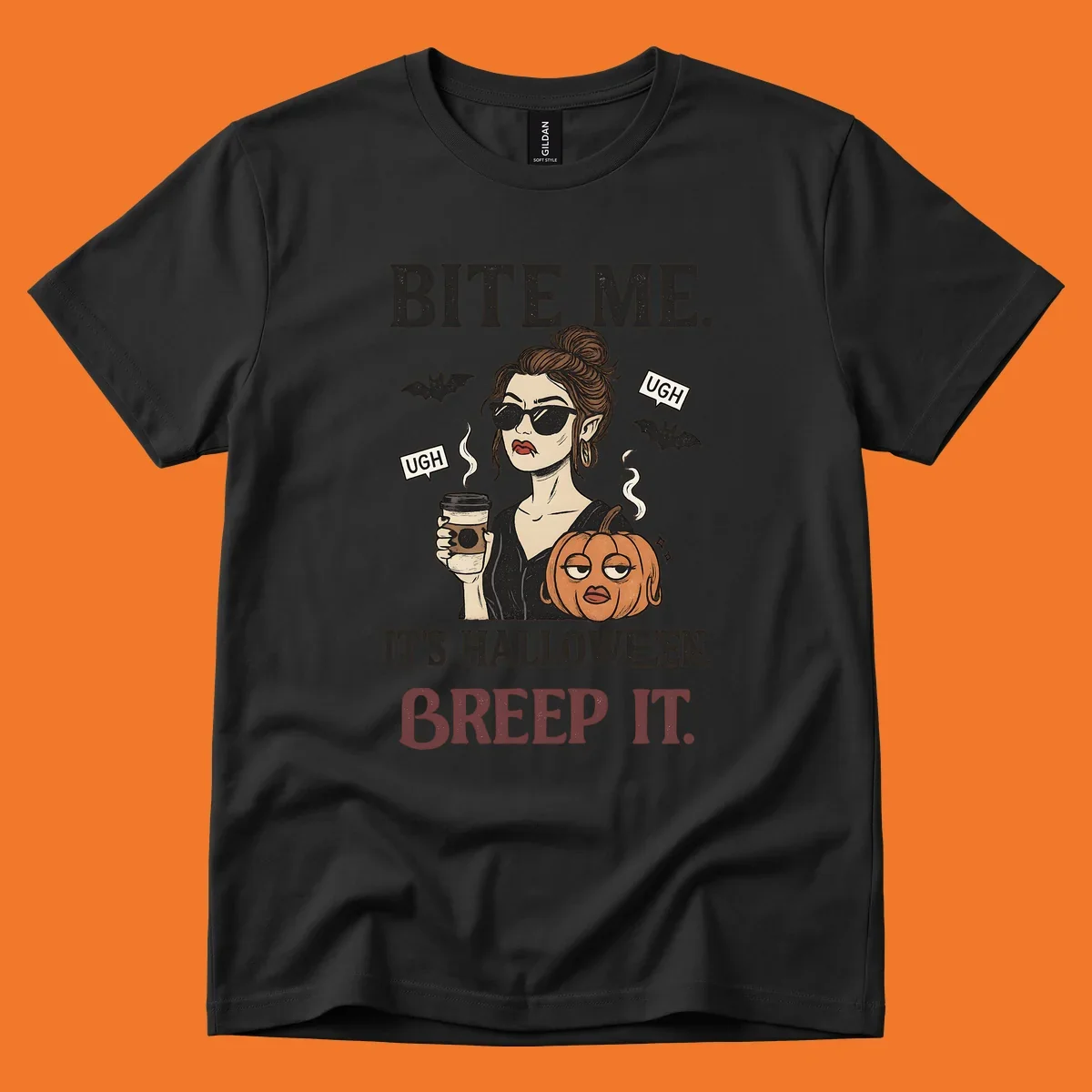 Illustration of a sarcastic woman with coffee and a pumpkin, with 'BITE ME' and 'BREEP IT' text for Halloween.