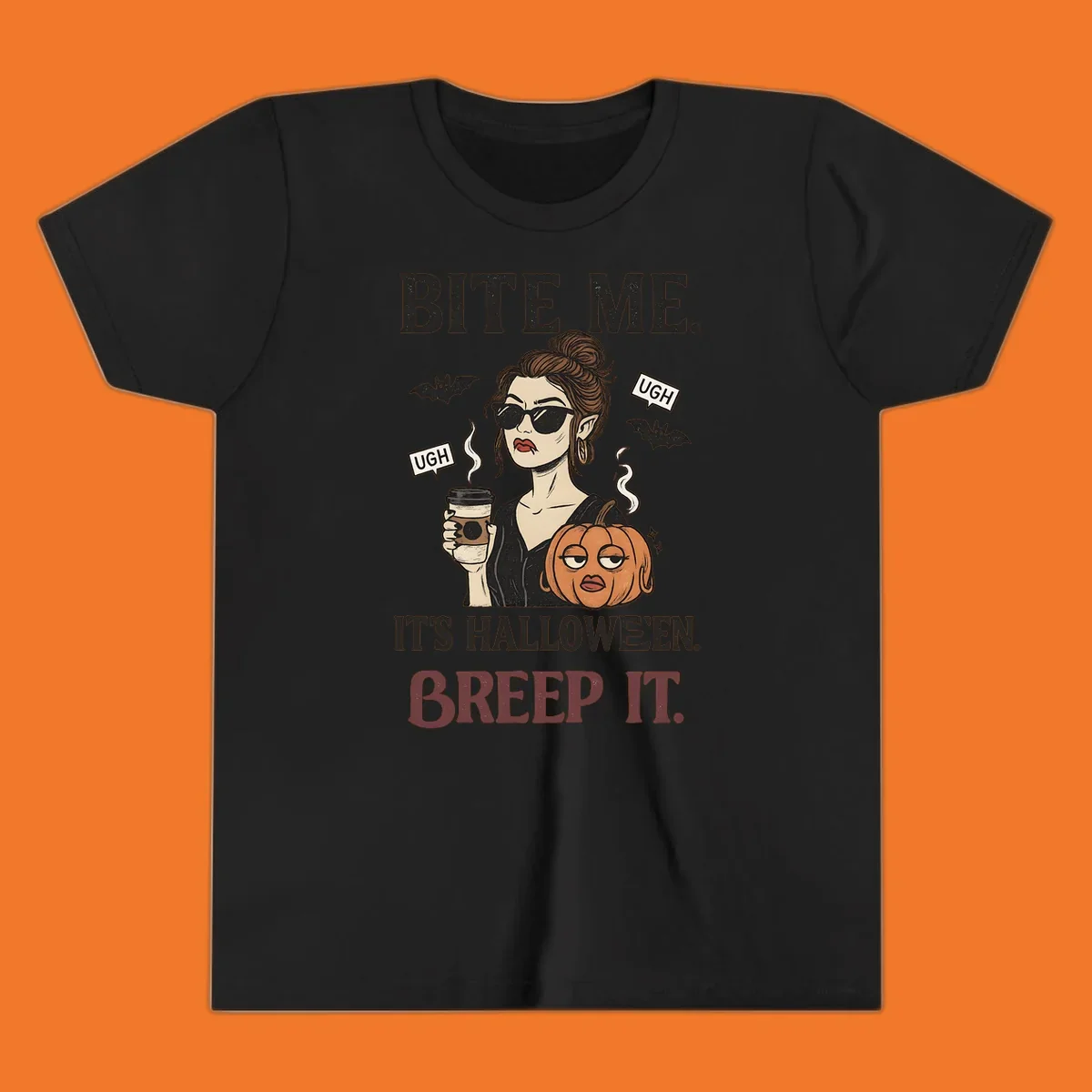 Illustration of a sarcastic woman with coffee and a pumpkin, with 'BITE ME' and 'BREEP IT' text for Halloween.