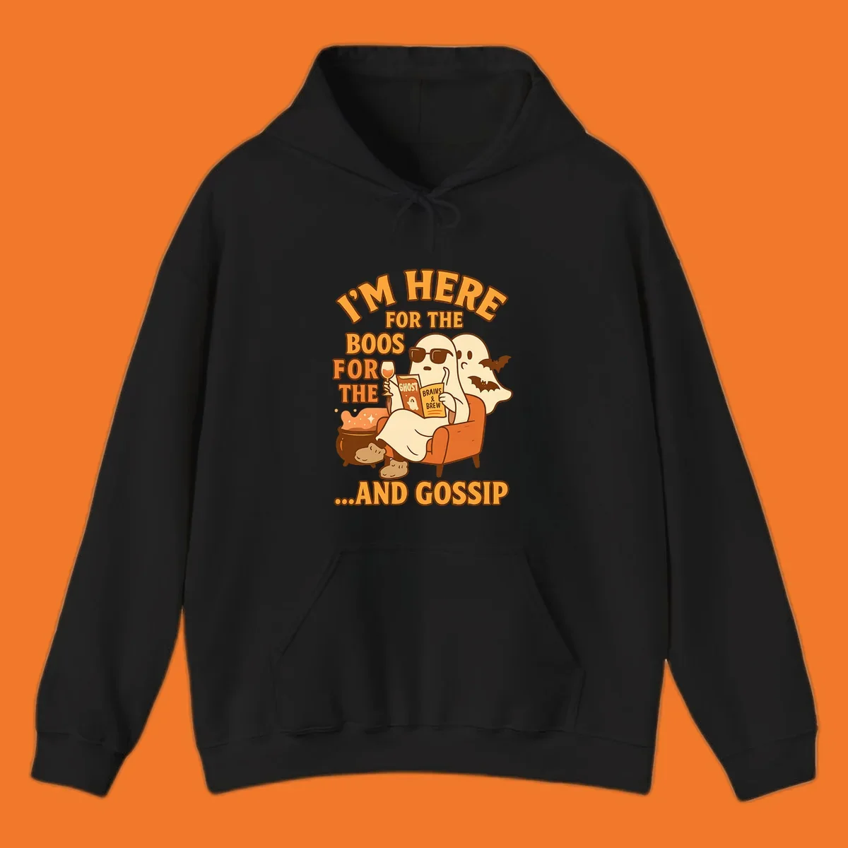 Illustration of ghosts relaxing and reading, with text "I'm Here For The Boos And Gossip", for ghost-gossip-halloween themed apparel.