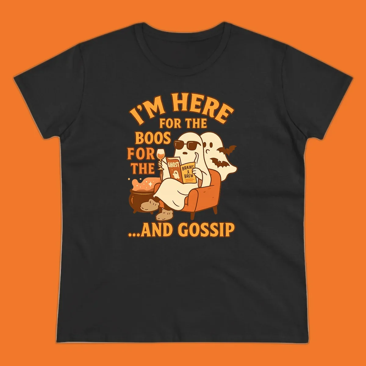 Illustration of ghosts relaxing and reading, with text "I'm Here For The Boos And Gossip", for ghost-gossip-halloween themed apparel.