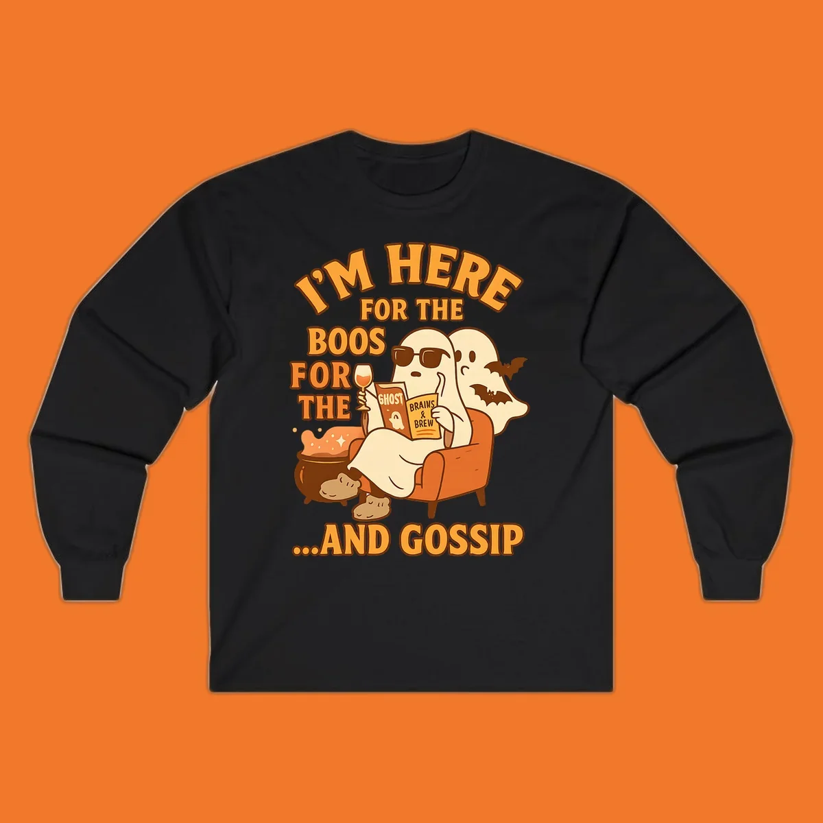 Illustration of ghosts relaxing and reading, with text "I'm Here For The Boos And Gossip", for ghost-gossip-halloween themed apparel.