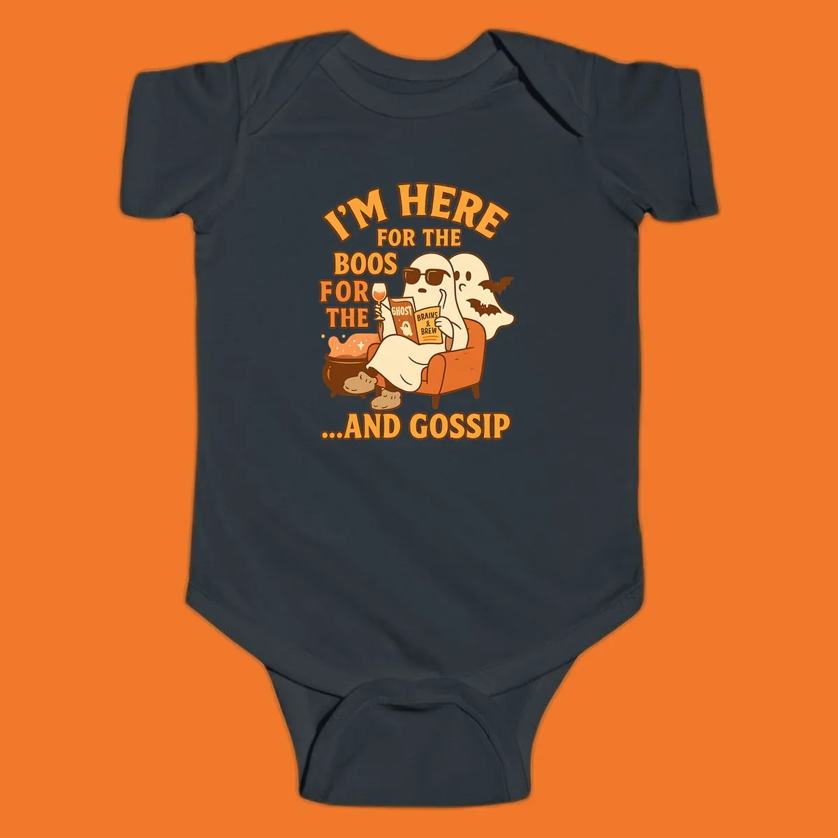 Illustration of ghosts relaxing and reading, with text "I'm Here For The Boos And Gossip", for ghost-gossip-halloween themed apparel.