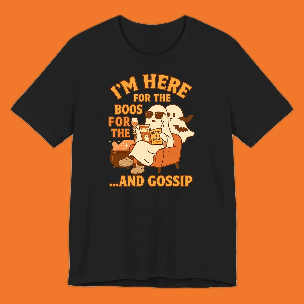Illustration of ghosts relaxing and reading, with text "I'm Here For The Boos And Gossip", for ghost-gossip-halloween themed apparel.