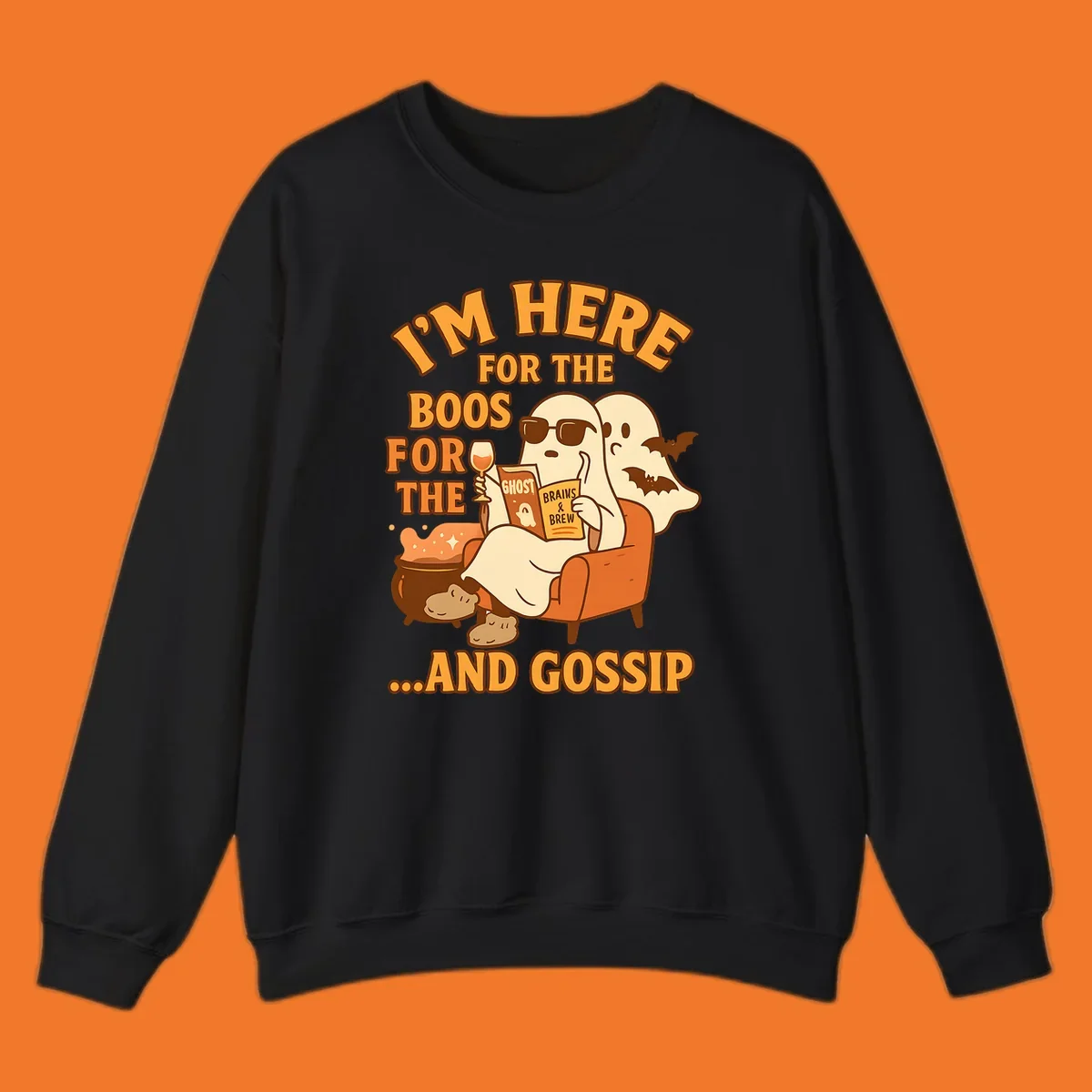 Illustration of ghosts relaxing and reading, with text "I'm Here For The Boos And Gossip", for ghost-gossip-halloween themed apparel.